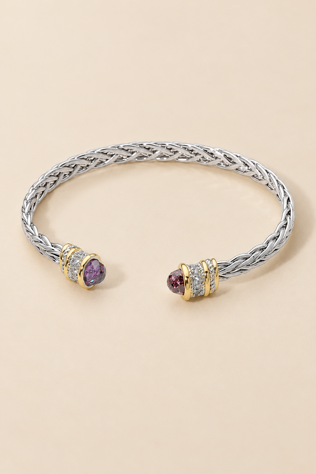 14K Gold Plated Two Tone CZ Tip Braided Cuff Bracelet — ATTICO