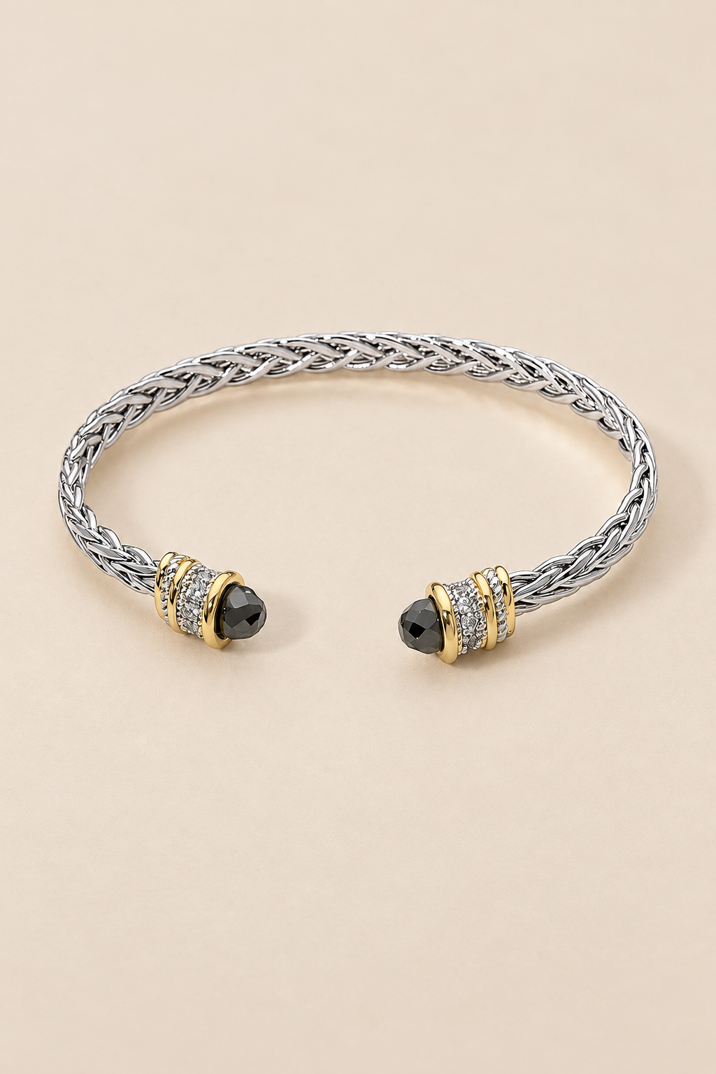 14K Gold Plated Two Tone CZ Tip Braided Cuff Bracelet — ATTICO