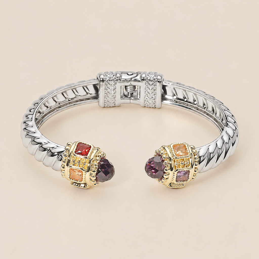 14K Gold Plated CZ Stone Tip Two Tone Twisted Hinge Cuff Bracelet — ATTICO