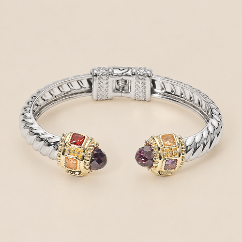 14K Gold Plated CZ Stone Tip Two Tone Twisted Hinge Cuff Bracelet — ATTICO