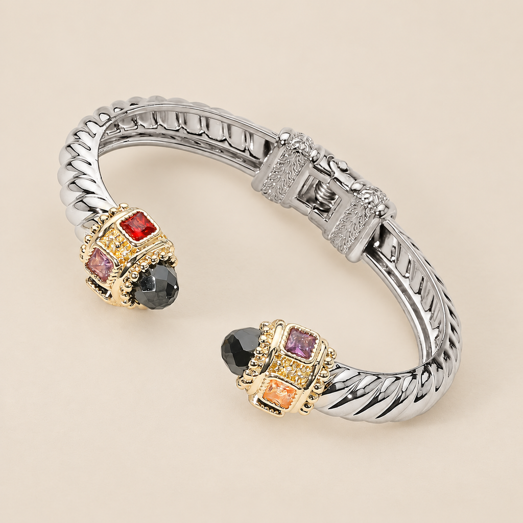 14K Gold Plated CZ Stone Tip Two Tone Twisted Hinge Cuff Bracelet — ATTICO
