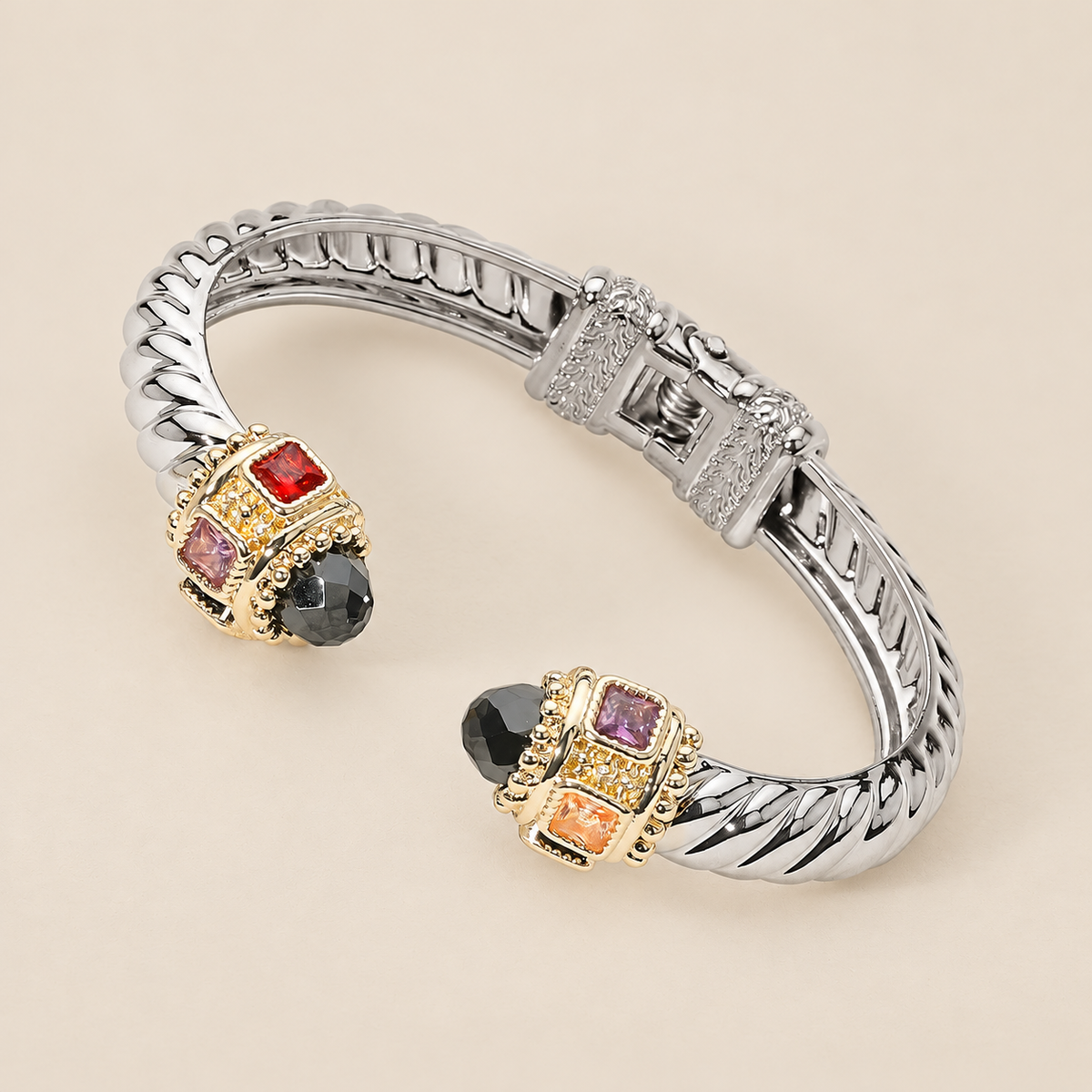 14K Gold Plated CZ Stone Tip Two Tone Twisted Hinge Cuff Bracelet — ATTICO