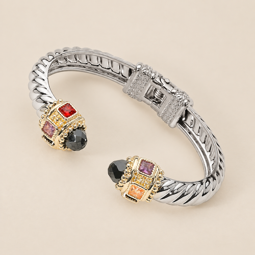 14K Gold Plated CZ Stone Tip Two Tone Twisted Hinge Cuff Bracelet — ATTICO