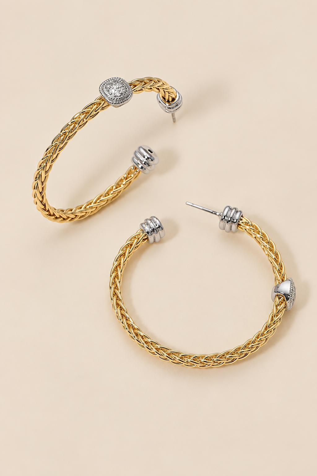 14K Gold Plated Two Tone CZ Pave Square Frame Accent Braided Hoop Earrings — ATTICO