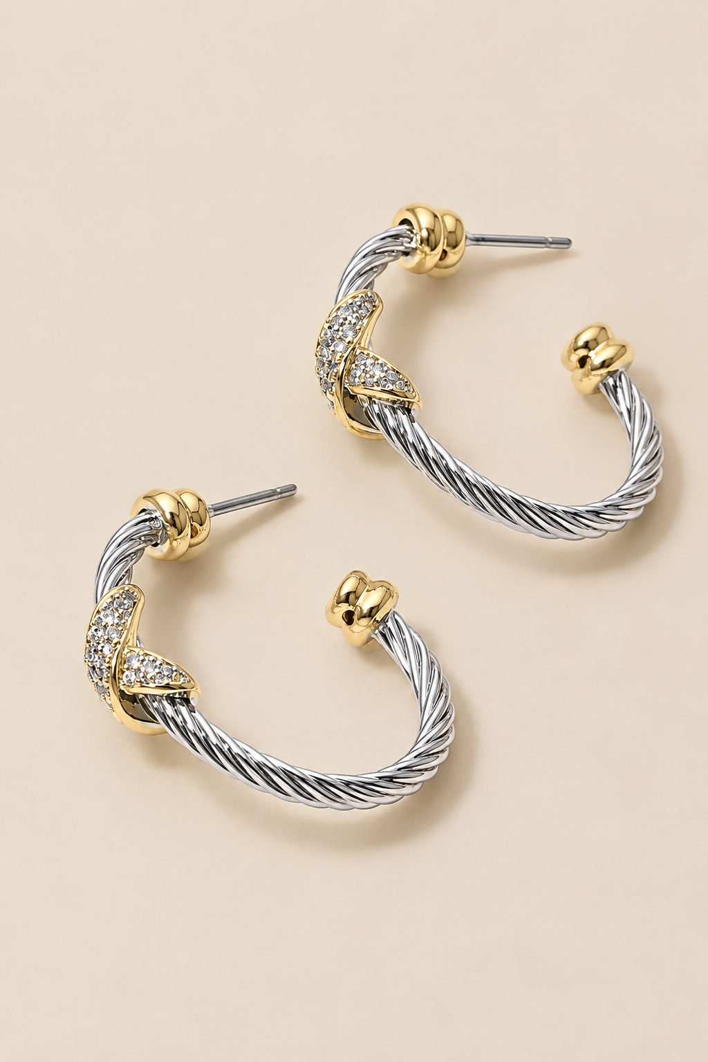 14K Gold Plate CZ Pave Crisscross Accent Twisted Cable Hoop Earrings — ATTICO