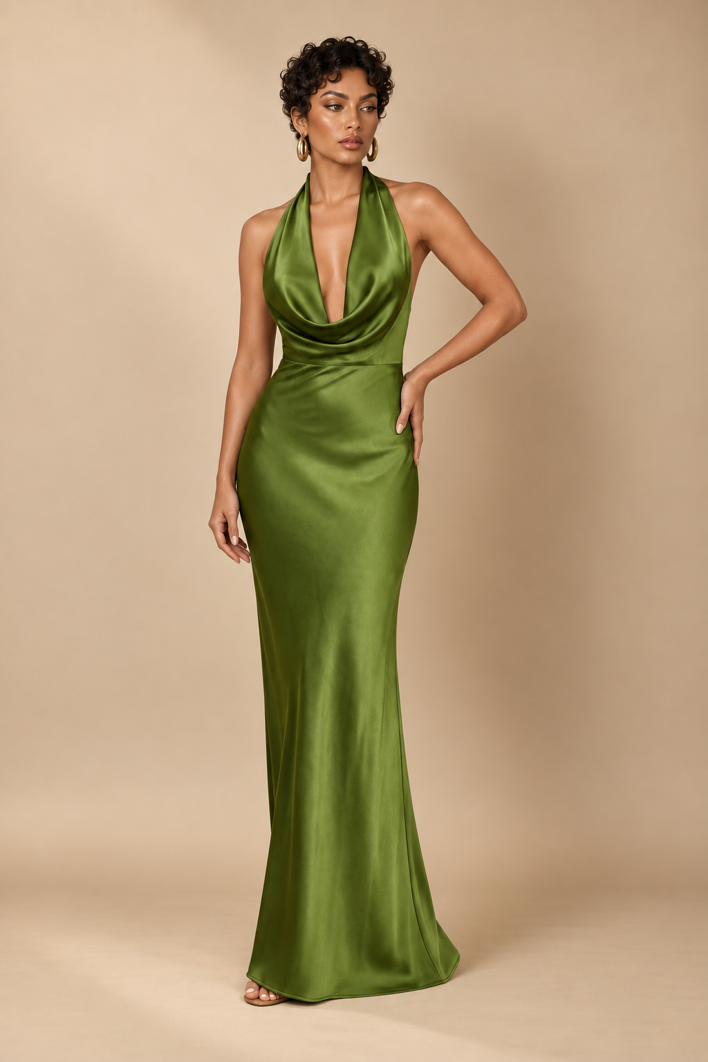 Solid Satin Halter Maxi Dress - Green — ATTICO editorial
