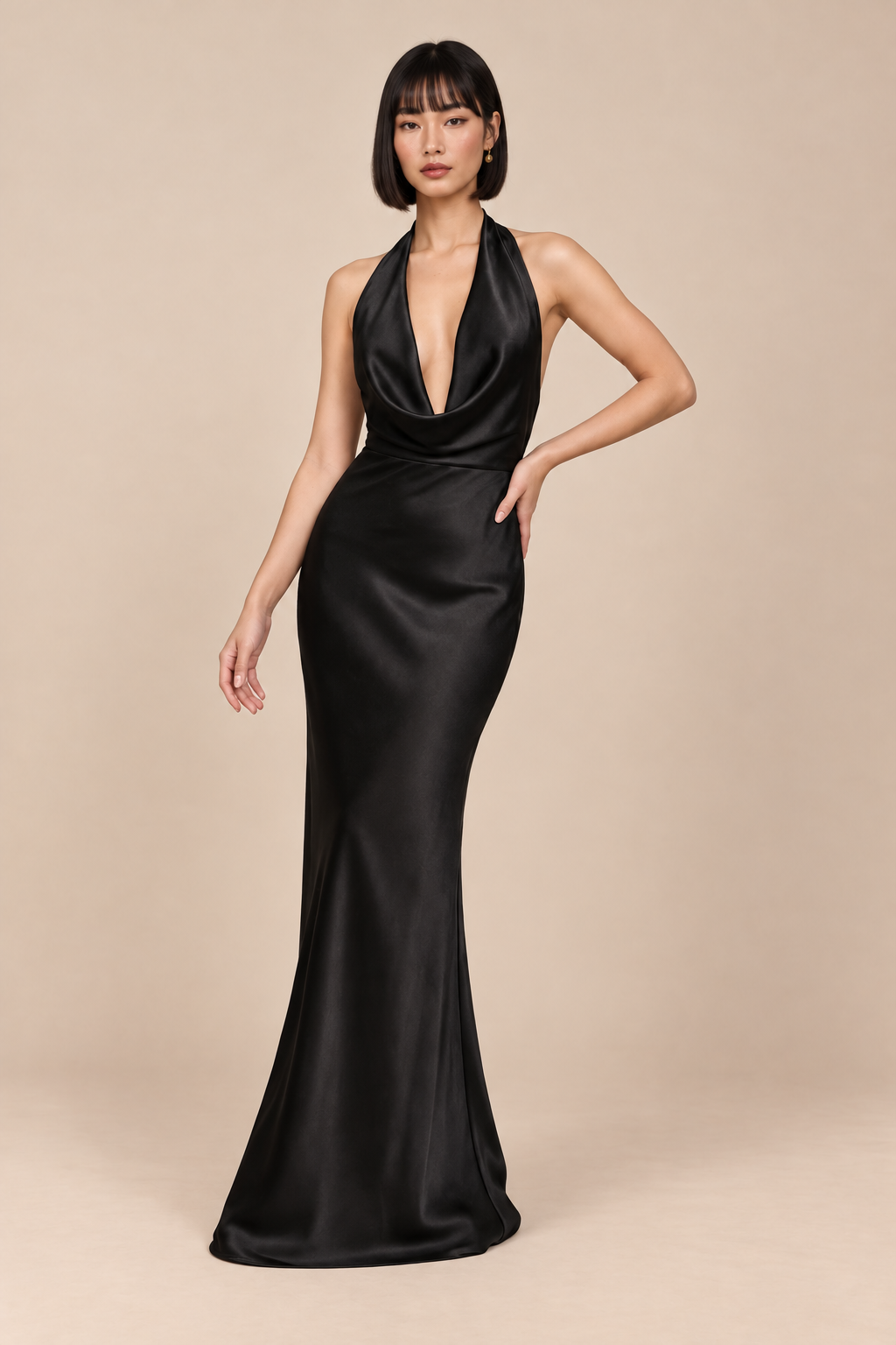 Solid Satin Halter Maxi Dress - Black — ATTICO editorial