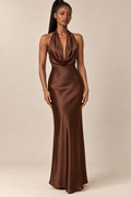 Solid Satin Halter Maxi Dress - Brown — ATTICO editorial