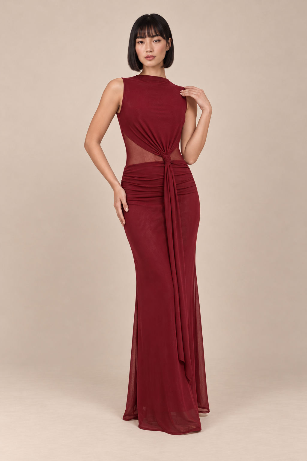 Mesh Knotted Maxi Dress - Wine — ATTICO editorial