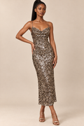 Sequin Spaghetti Strap Midi Dress - Mocha — ATTICO editorial