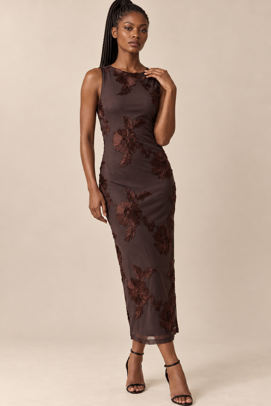 3D Floral Mesh Midi Dress - Brown — ATTICO editorial