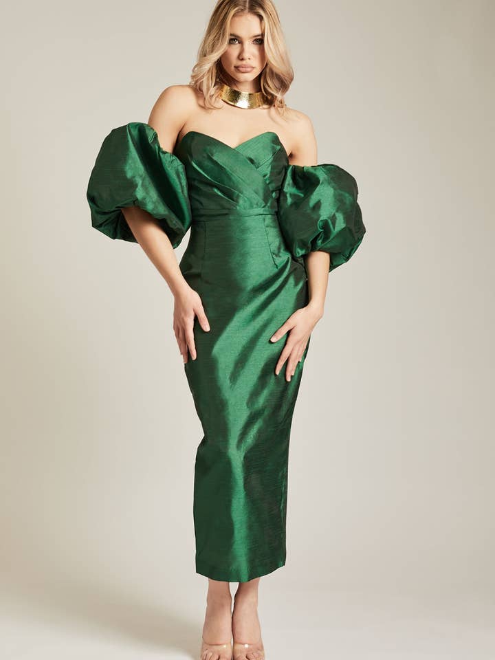 Tiffany Puff Sleeve Dupioni Maxi Dress - Emerald Green