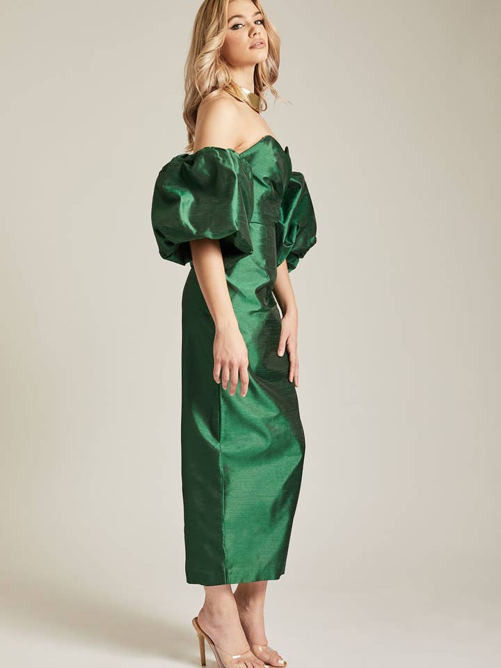 Tiffany Puff Sleeve Dupioni Maxi Dress - Emerald Green