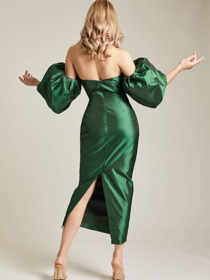 Tiffany Puff Sleeve Dupioni Maxi Dress - Emerald Green