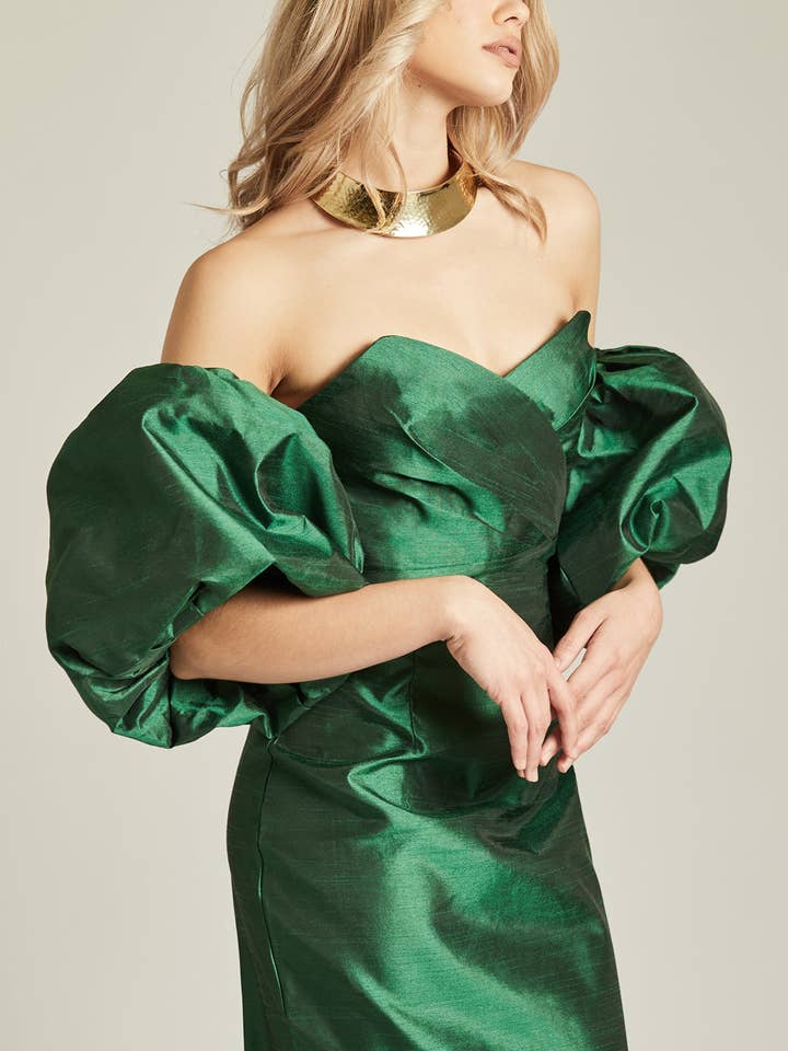 Tiffany Puff Sleeve Dupioni Maxi Dress - Emerald Green