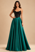 ATTICO Beaded Corset Satin A-Line Gown Black Emerald full length editorial