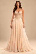 ATTICO Beaded Sweetheart Corset A-Line Gown Champagne full-length editorial