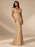 ATTICO Beaded V Neck Cap Sleeve Mermaid Gown - Gold, full length luxury editorial warm beige studio