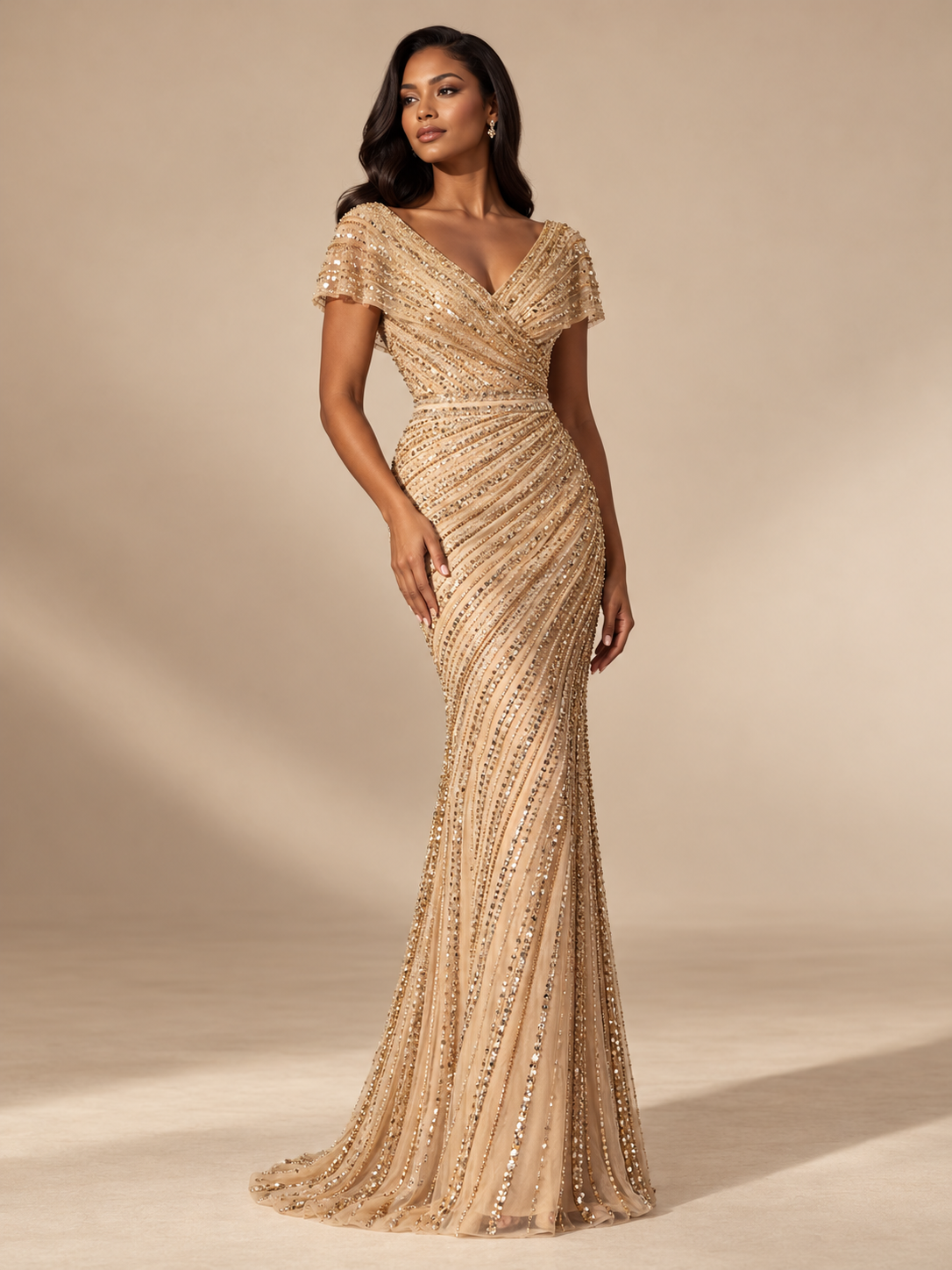 ATTICO Beaded V Neck Cap Sleeve Mermaid Gown - Gold, full length luxury editorial warm beige studio