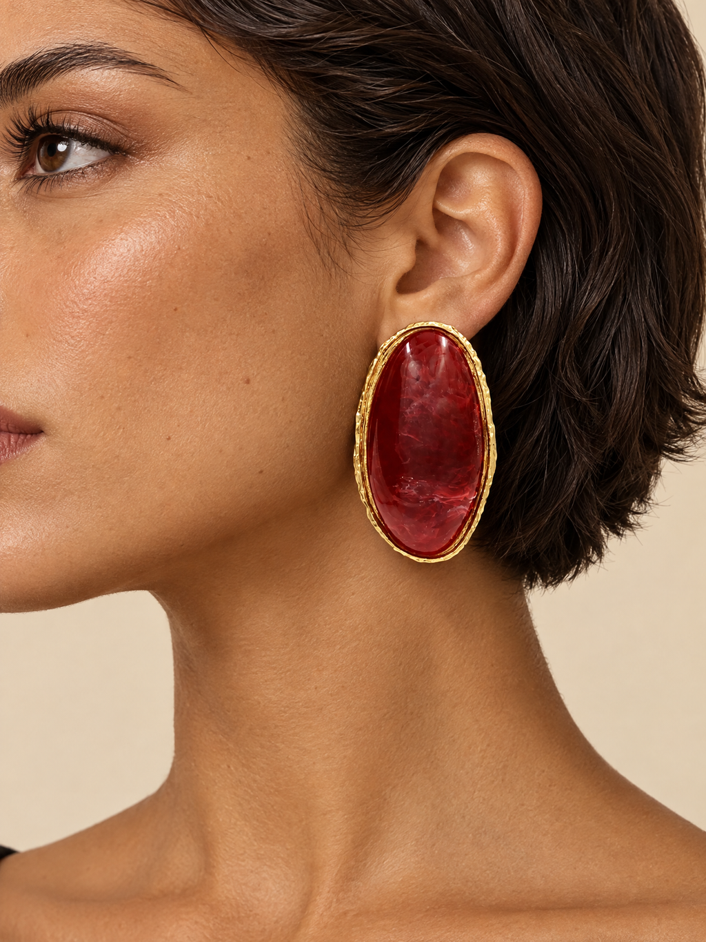 ATTICO burgundy-gold-sculpted-frame-earrings macro detail