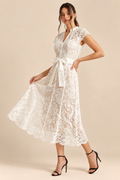 ATTICO Cape Sleeve Lace Tie Waist Midi Dress White beige luxury editorial