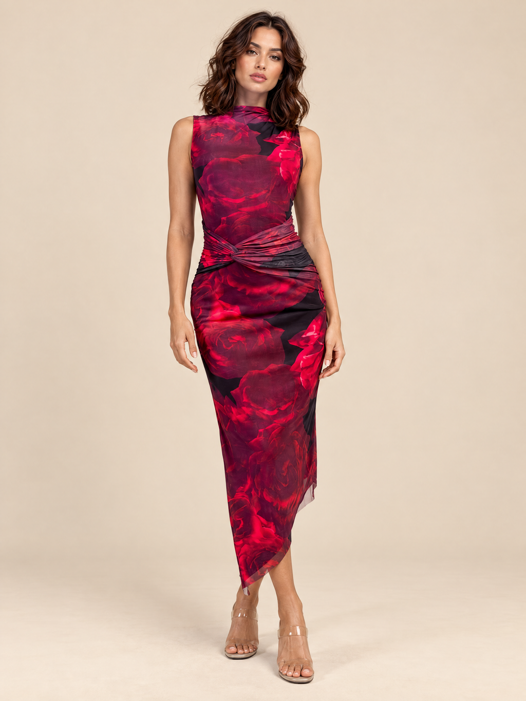 ATTICO Luxury Editorial | Cabo Floral Ruched Mesh Midi Dress - Black Red | beige studio