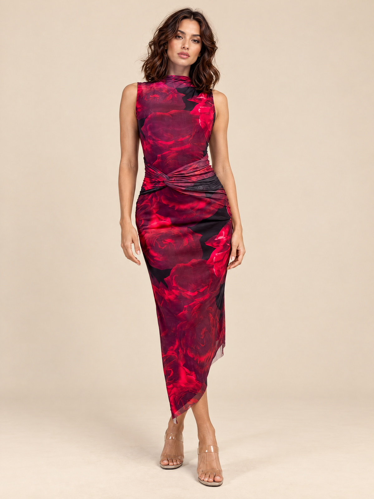 ATTICO Luxury Editorial | Cabo Floral Ruched Mesh Midi Dress - Black Red | beige studio