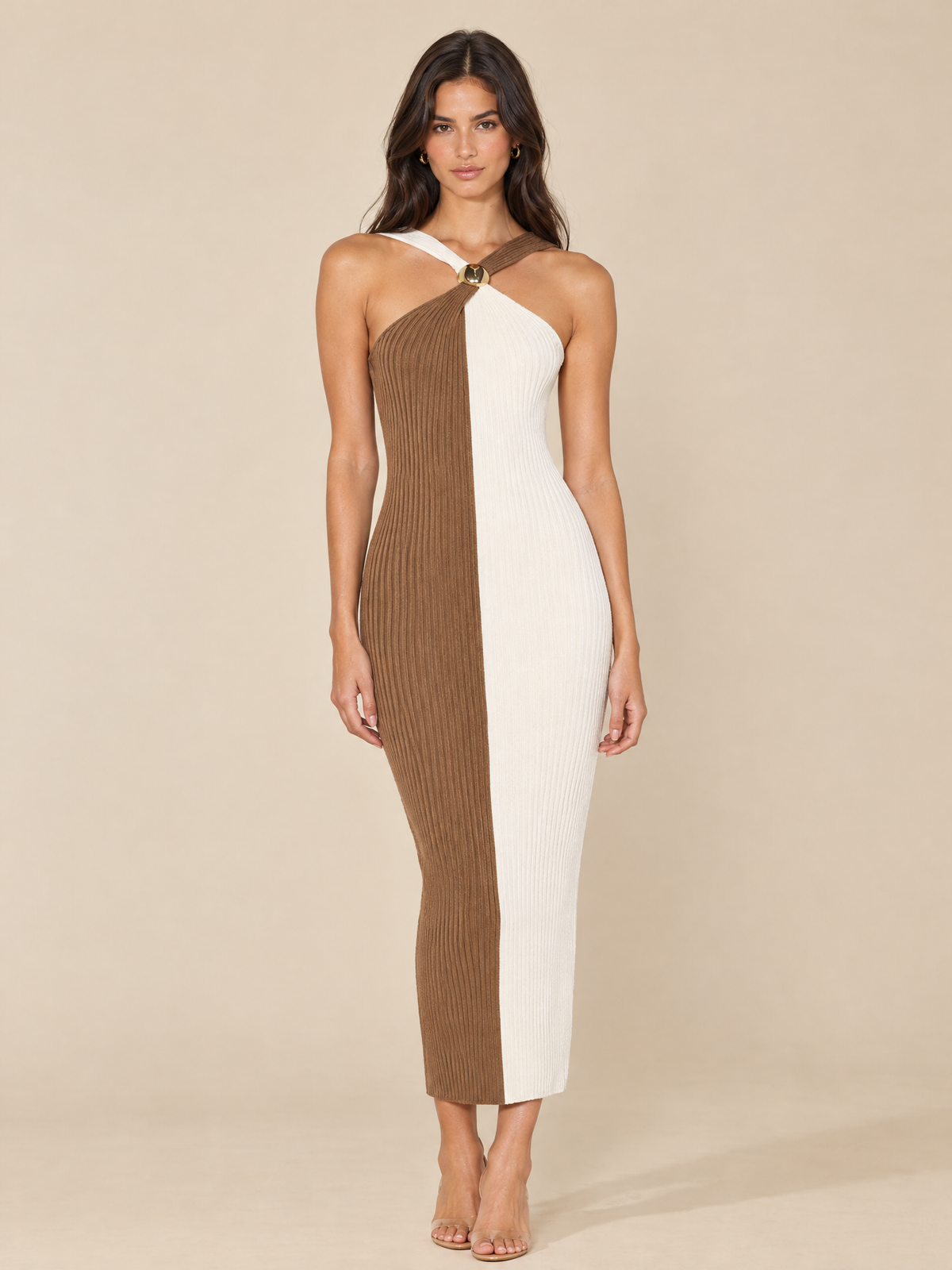 ATTICO Dresses color-block-knit-cream-brown luxury editorial model portrait