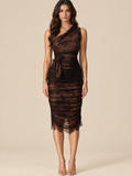 ATTICO Fatima Ruched Lace Midi Dress - Brown | editorial studio beige #E7D9C5
