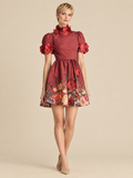ATTICO Floral High Neck Mini Dress - Burgundy | editorial model, warm beige #E7D9C5 studio background