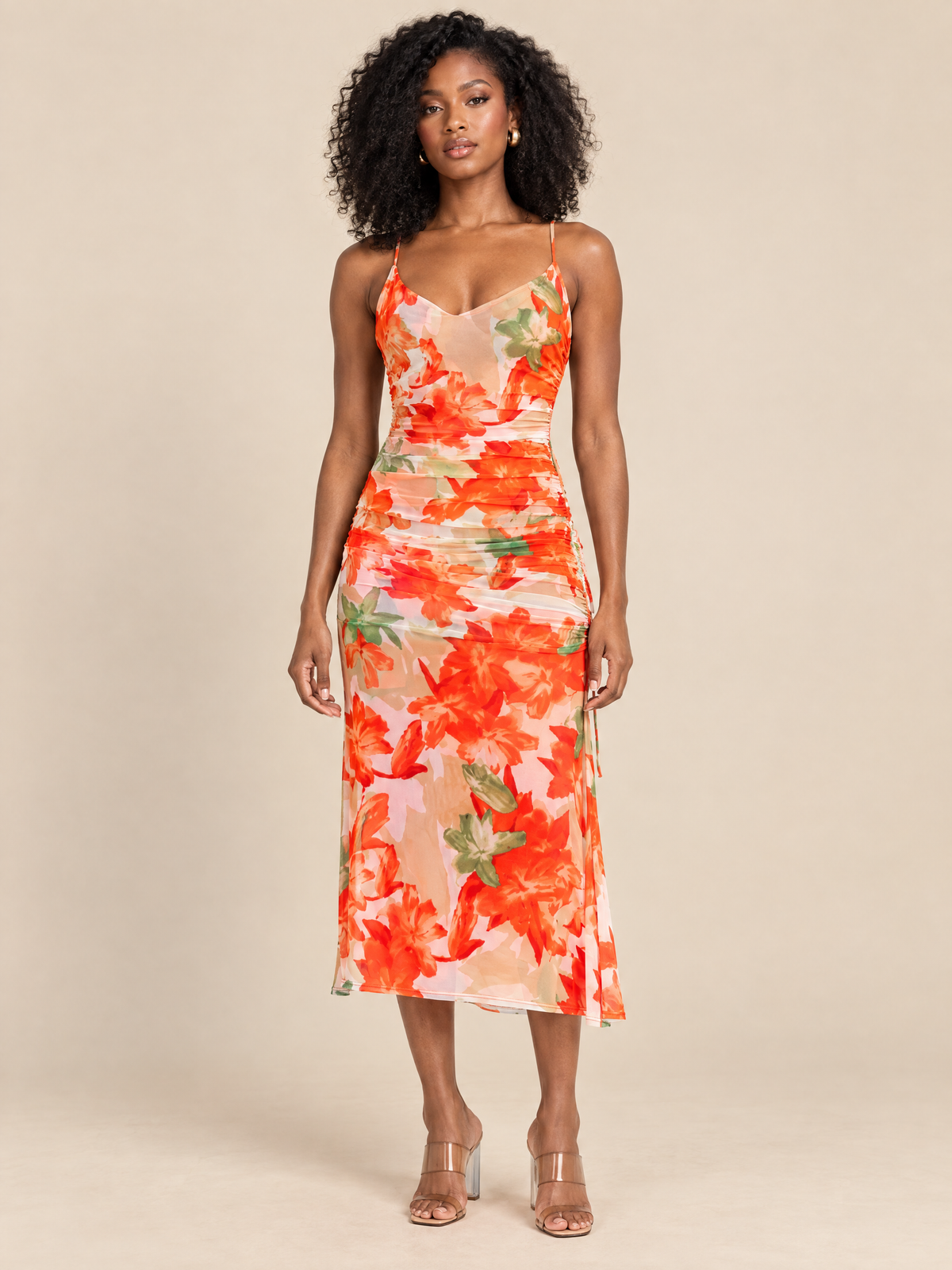 ATTICO Luxury Editorial | Floral Mesh Sweetheart Midi Dress - Orange Green | beige studio