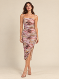ATTICO Luxury Editorial | Printed Mesh Ruched Midi Dress - Mauve Multi | beige studio