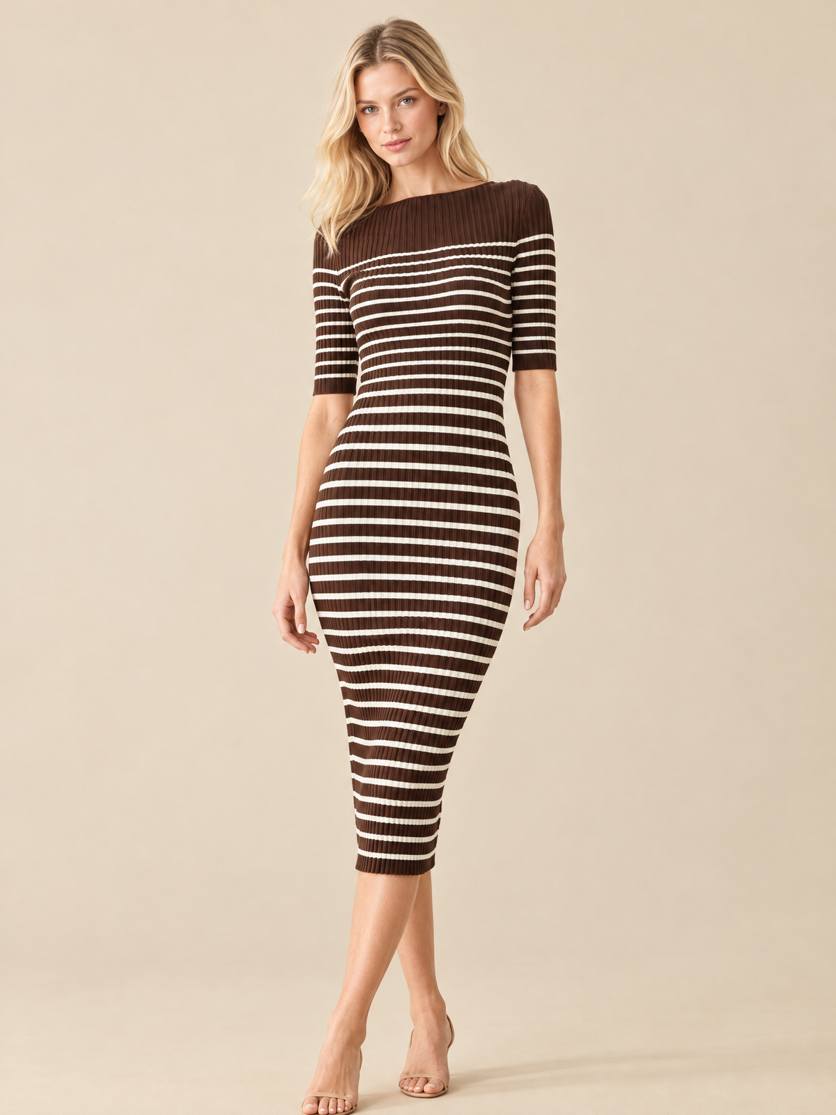 ATTICO Dresses ribbed-short-sleeve-brown-white luxury editorial model portrait