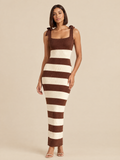 ATTICO Striped Shoulder Bow Knit Midi Dress - Brown / Cream | editorial model, warm beige #E7D9C5 studio background