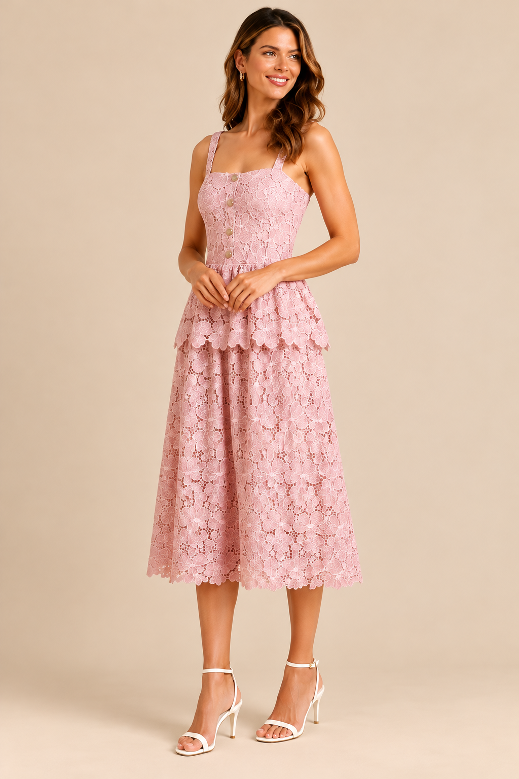 ATTICO Floral Embroidered Peplum Midi Dress Pink warm beige editorial