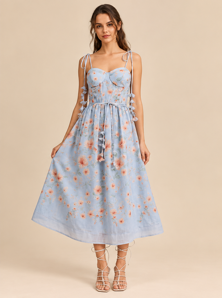 ATTICO Floral Lace Up Midi Dress Light Blue beige editorial