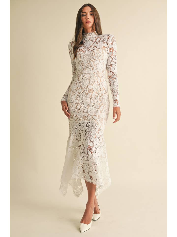 Floral Lace Mock Neck Midi Dress - White