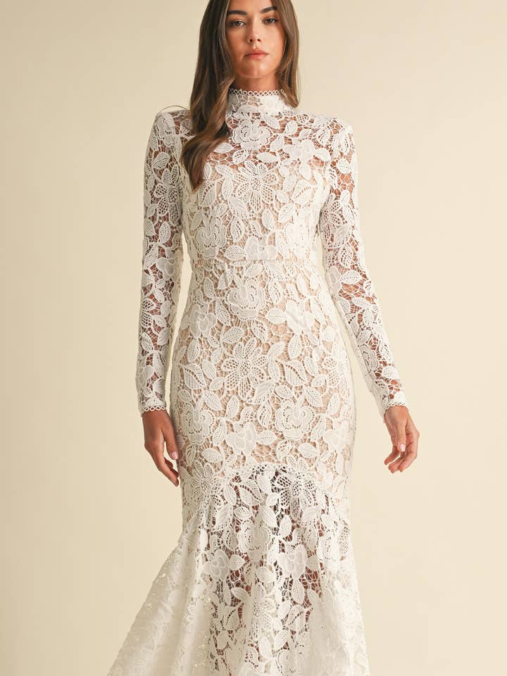 Floral Lace Mock Neck Midi Dress - White