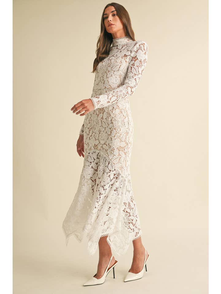 Floral Lace Mock Neck Midi Dress - White