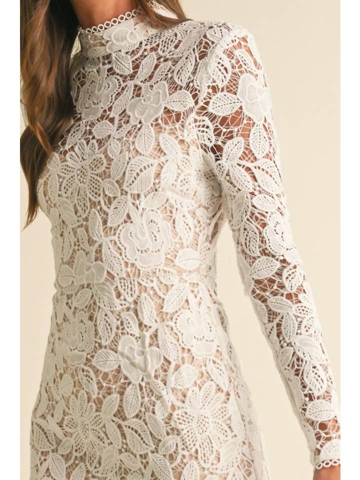 Floral Lace Mock Neck Midi Dress - White