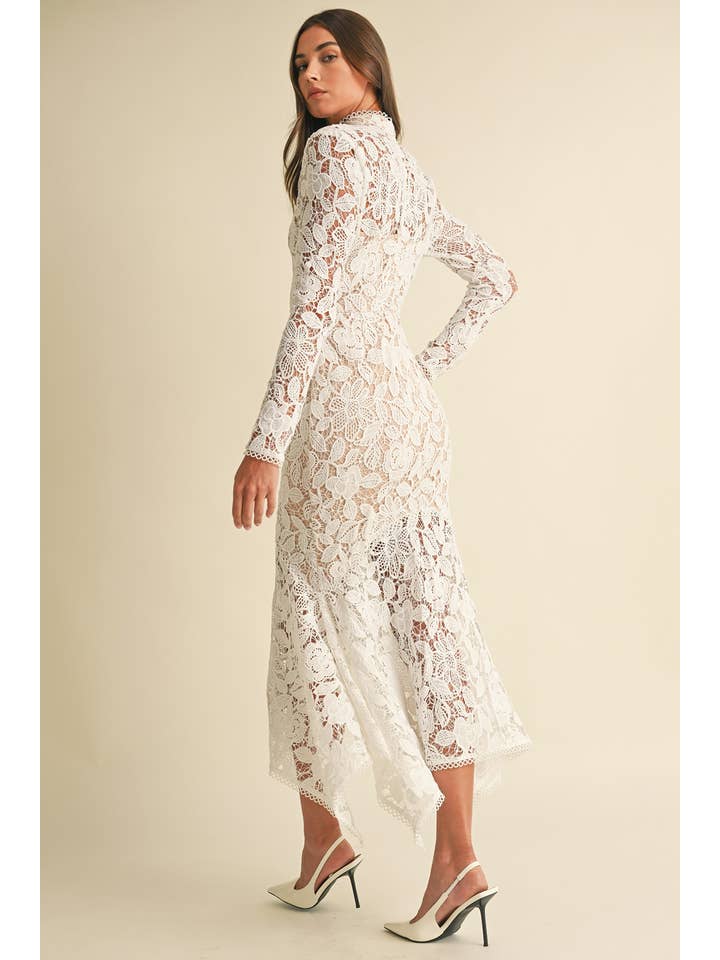 Floral Lace Mock Neck Midi Dress - White
