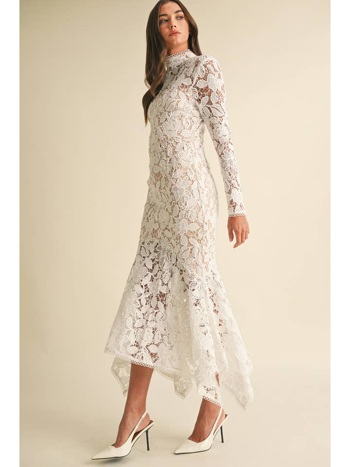 Floral Lace Mock Neck Midi Dress - White