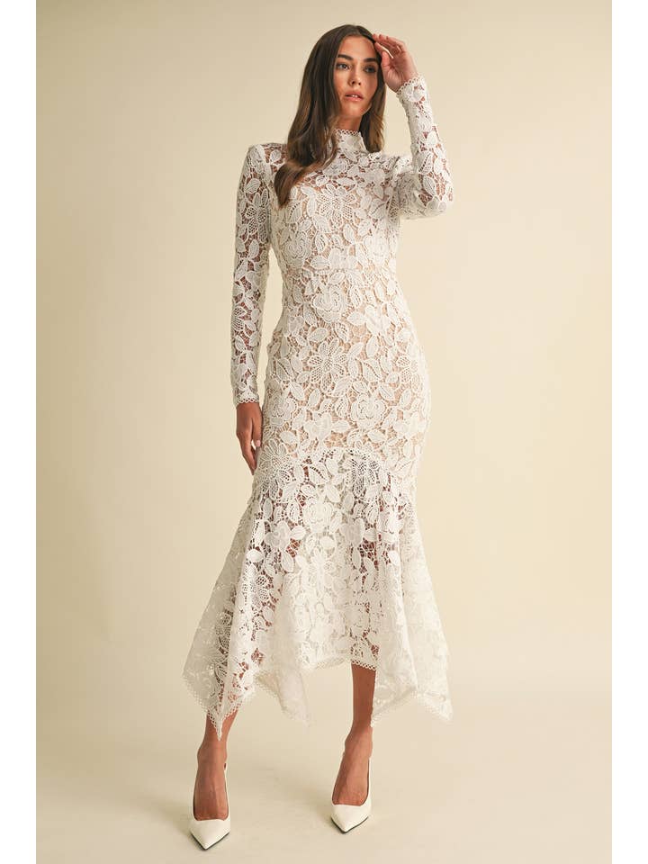 Floral Lace Mock Neck Midi Dress - White