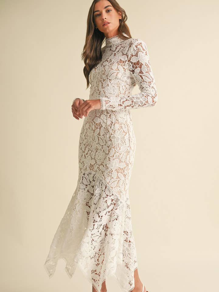 Floral Lace Mock Neck Midi Dress - White