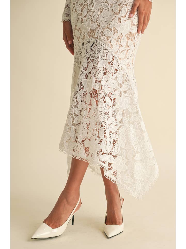 Floral Lace Mock Neck Midi Dress - White