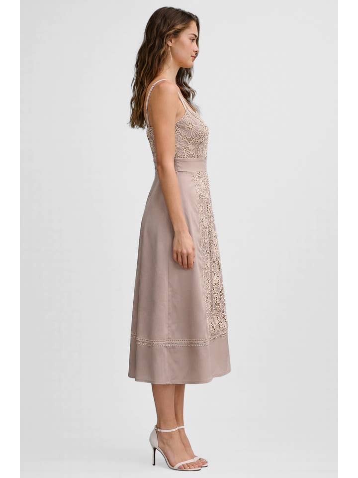 Romantic Lace Panel Midi Dress - Light Gray