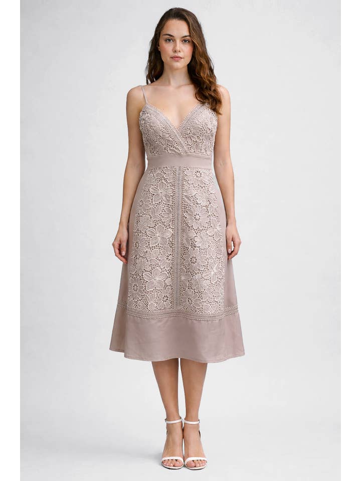 Romantic Lace Panel Midi Dress - Light Gray