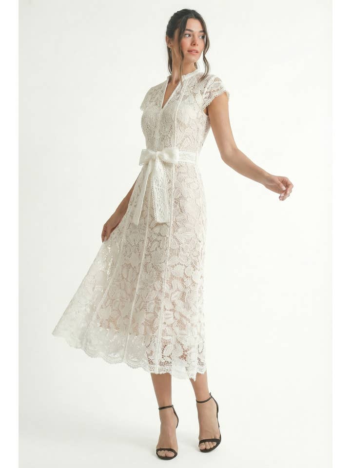 Cape Sleeve Lace Tie Waist Midi Dress - White