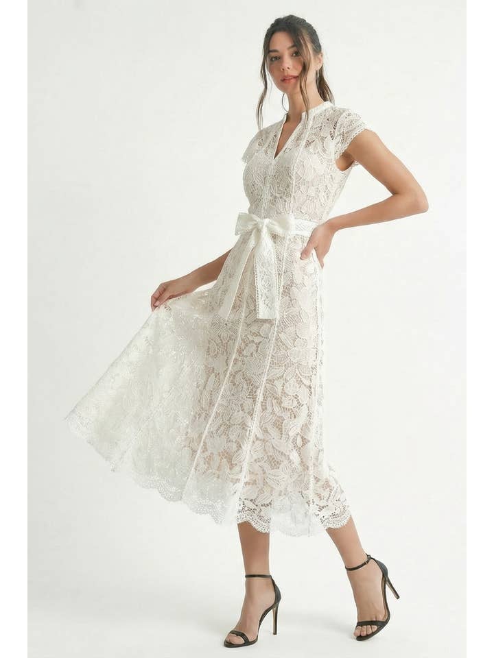 Cape Sleeve Lace Tie Waist Midi Dress - White