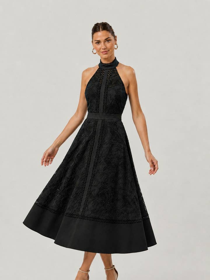 Midnight Halter Lace Midi Dress - Black